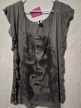 cleo Gray Graphic Scoop Neck Top with Stud Accents